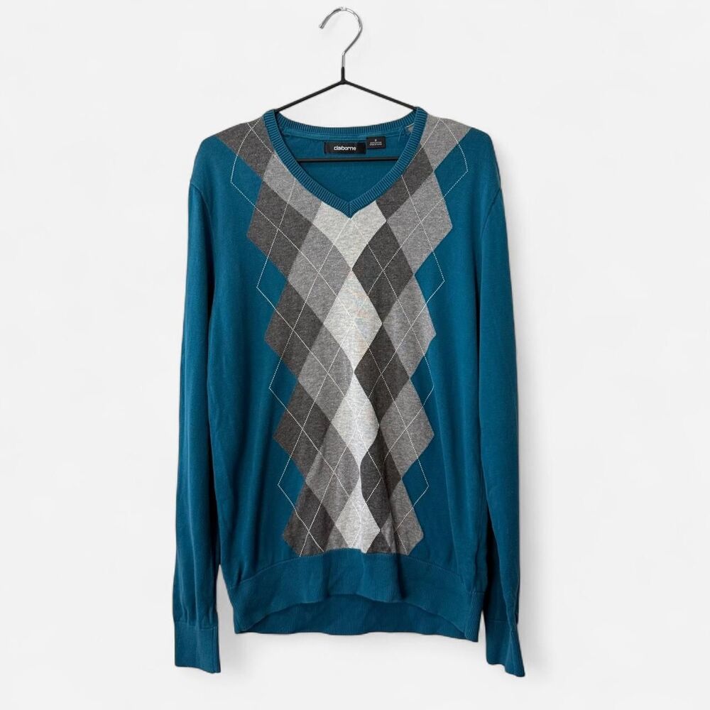 Y2K argyle knit sweater teal grey preppy style 100% cotton Liz Claiborne